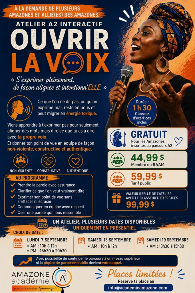 Affiche promotionnelle pour l'Atelier A2 interactif ouvert au public, avec le slogan Ouvrir la voix