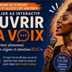 Affiche promotionnelle pour l'Atelier A2 interactif ouvert au public, avec le slogan Ouvrir la voix